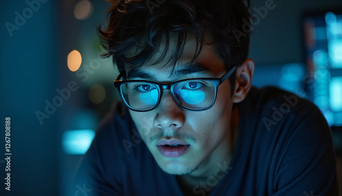 Young man focused on computer screen in dimly lit room, geek