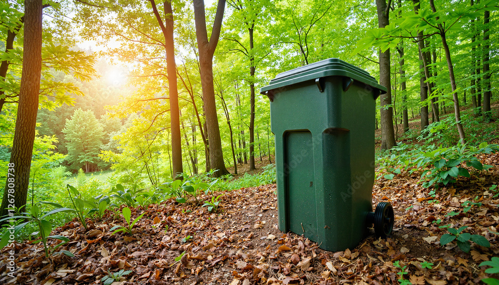 Compost bin nestled in lush forest clearing at noon, eco-friendly living Compost bin nestled in lush forest clearing at noon, eco-friendly living
