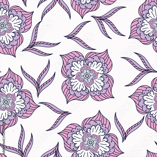 Vintage seamless floral pattern. Liberty style background of small coral pink flowers. Small flowers scattered over a beige background. Stock vector for printing on surfaces. Realistic plant flowers.