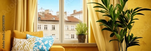 Sunny Living Room with Yellow Curtains and Indoor Plants - Bright living room, yellow curtains, indoor plants, natural light, cozy atmosphere. Symbolizing: warmth, serenity, nature, comfort, renewal photo