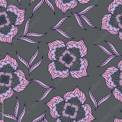 Vintage seamless floral pattern. Liberty style background of small coral pink flowers. Small flowers scattered over a beige background. Stock vector for printing on surfaces. Realistic plant flowers.