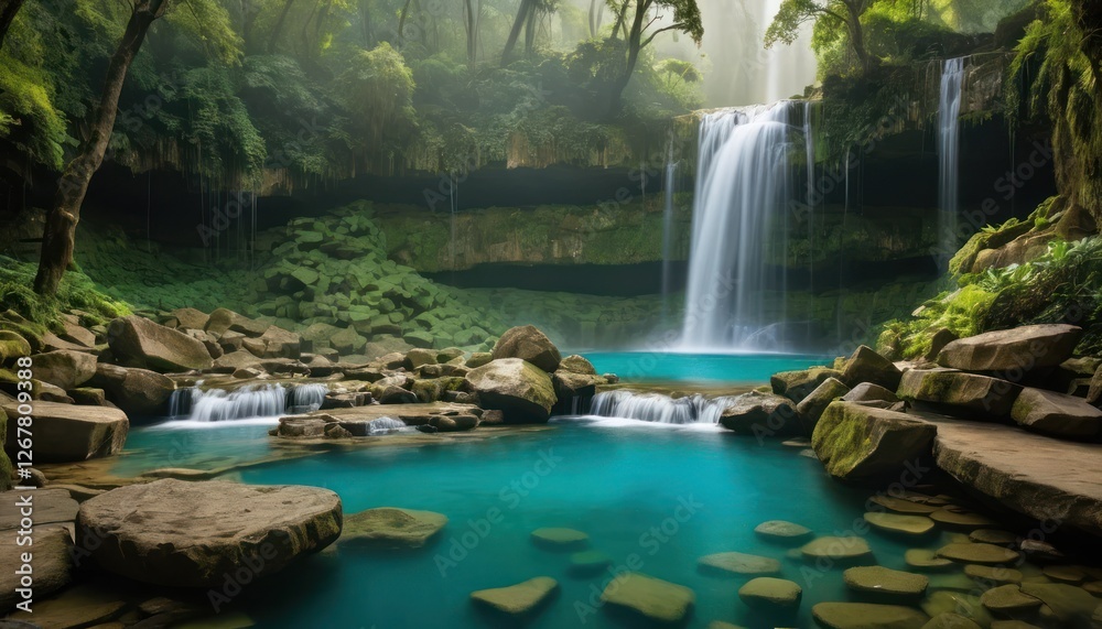 Naklejka premium Green waterfalls cascade over jungle rocks, flowing through a lush Thailand forest stream