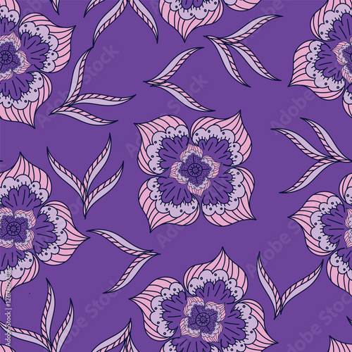 Vintage seamless floral pattern. Liberty style background of small coral pink flowers. Small flowers scattered over a beige background. Stock vector for printing on surfaces. Realistic plant flowers.