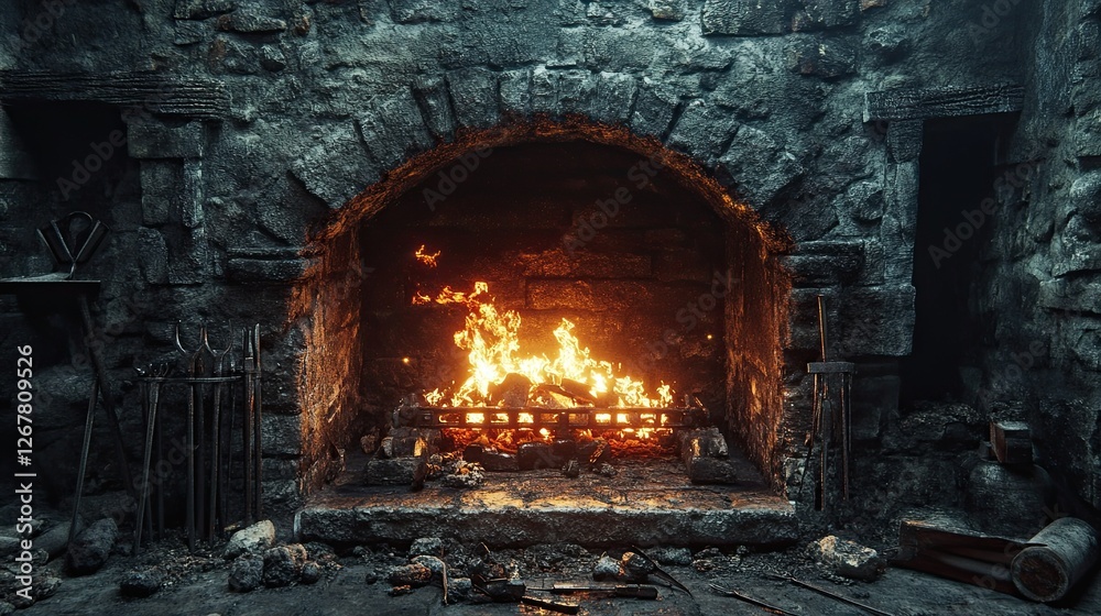 A fireplace with glowing flames, complemented by a set of metal tools for tending the fire. A fireplace with glowing flames, complemented by a set of metal tools for tending the fire.