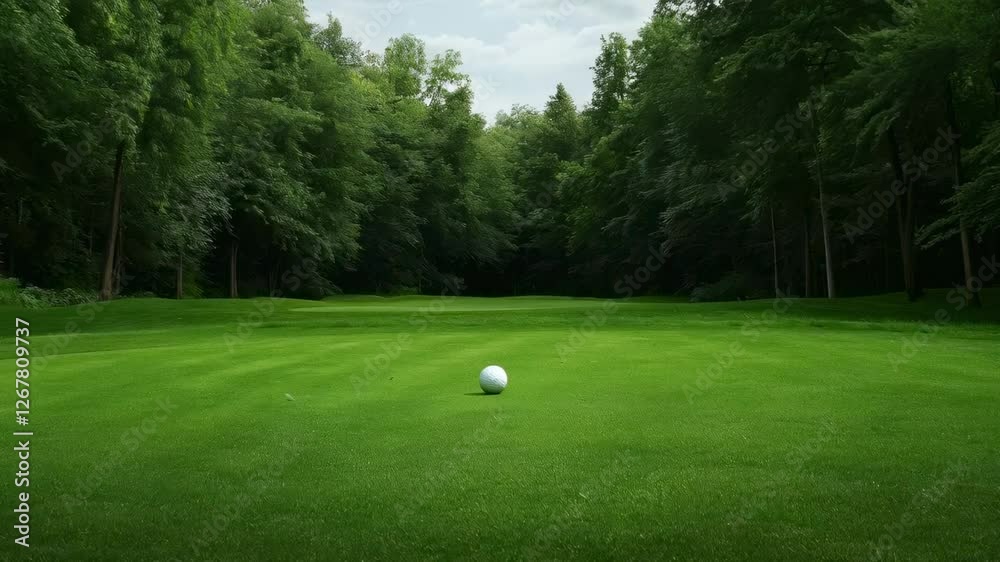 Pristine white golf ball resting on verdant fairway, dense forest surrounding lush green landscape in smooth slow motion view Pristine white golf ball resting on verdant fairway, dense forest surrounding lush green landscape in smooth slow motion view