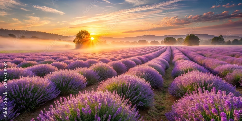A vibrant lavender field bathed in the golden glow of a sunrise, with a single tree silhouetted against the rising sun, creating a picturesque and serene landscape. A vibrant lavender field bathed in the golden glow of a sunrise, with a single tree silhouetted against the rising sun, creating a picturesque and serene landscape.