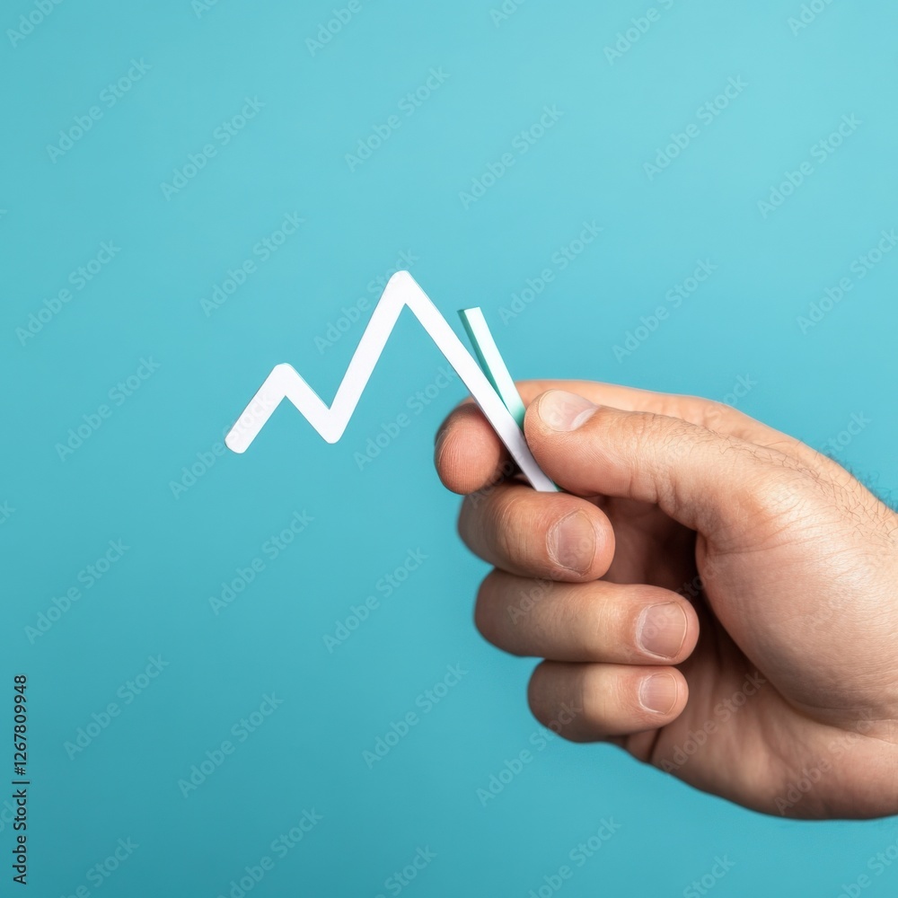 Hand Holding a Growing Chart Arrow on Blue Background Hand Holding a Growing Chart Arrow on Blue Background
