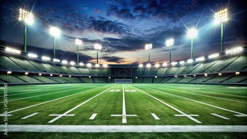 A pristine football field illuminated by stadium lights at twilight, ready for the big game.
