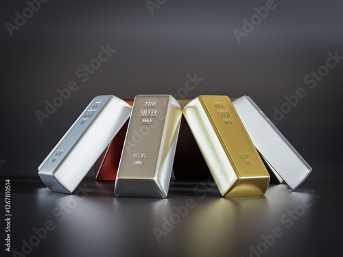 3d rendering of eight common precious metal bars arranged into prism on black background