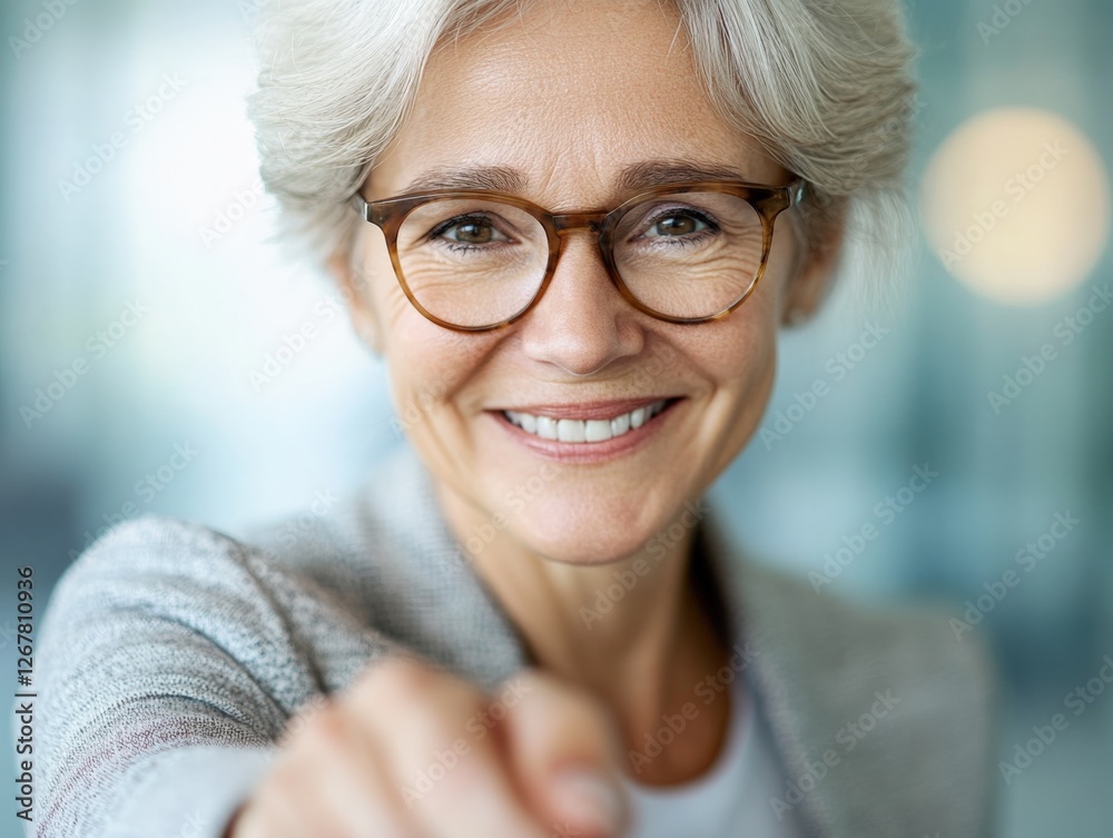 smiling senior woman pointing at camera smiling senior woman pointing at camera