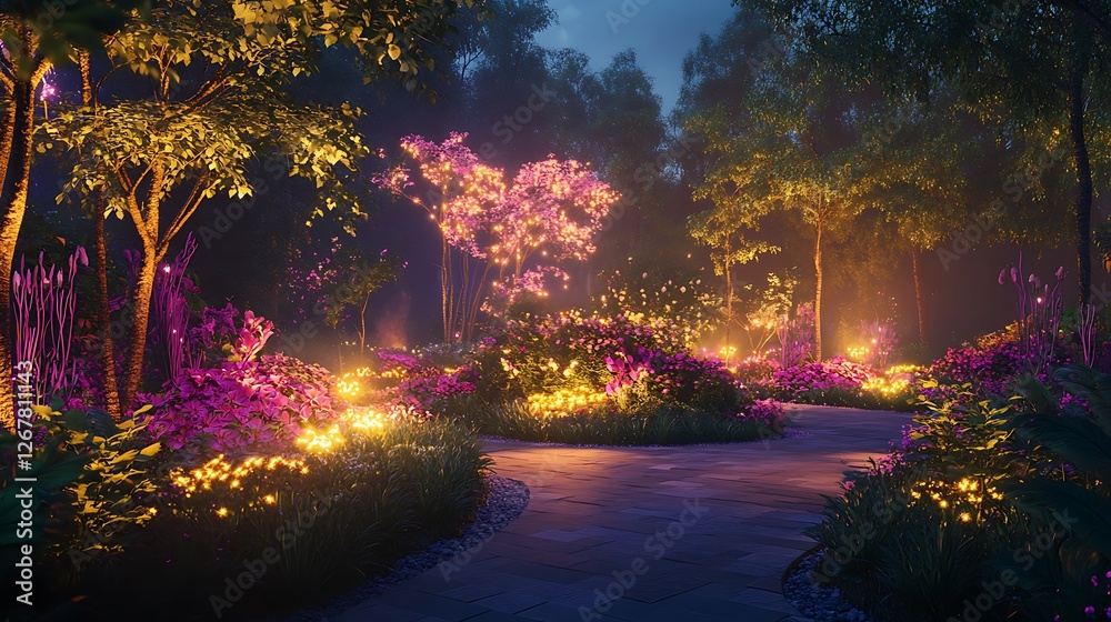 Innovative garden featuring energy-powered flora and a neon aesthetic high resolution wallpaper Innovative garden featuring energy-powered flora and a neon aesthetic high resolution wallpaper