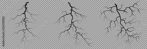 Lightning. Thunder storm realistic lightning. Bright light effects. Lightning bolt set Magic and bright light effects. Set of thunder and lightnings. Lightning energy discharge effect isolated.