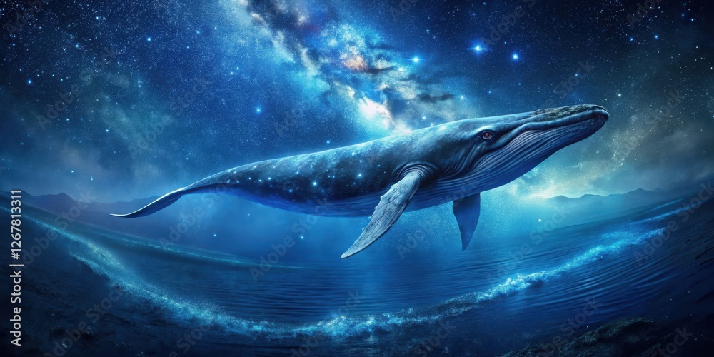 Naklejka premium A whale breaching through a starry night sky, the Milky Way stretching across the heavens, with a hint of ocean waves rippling below