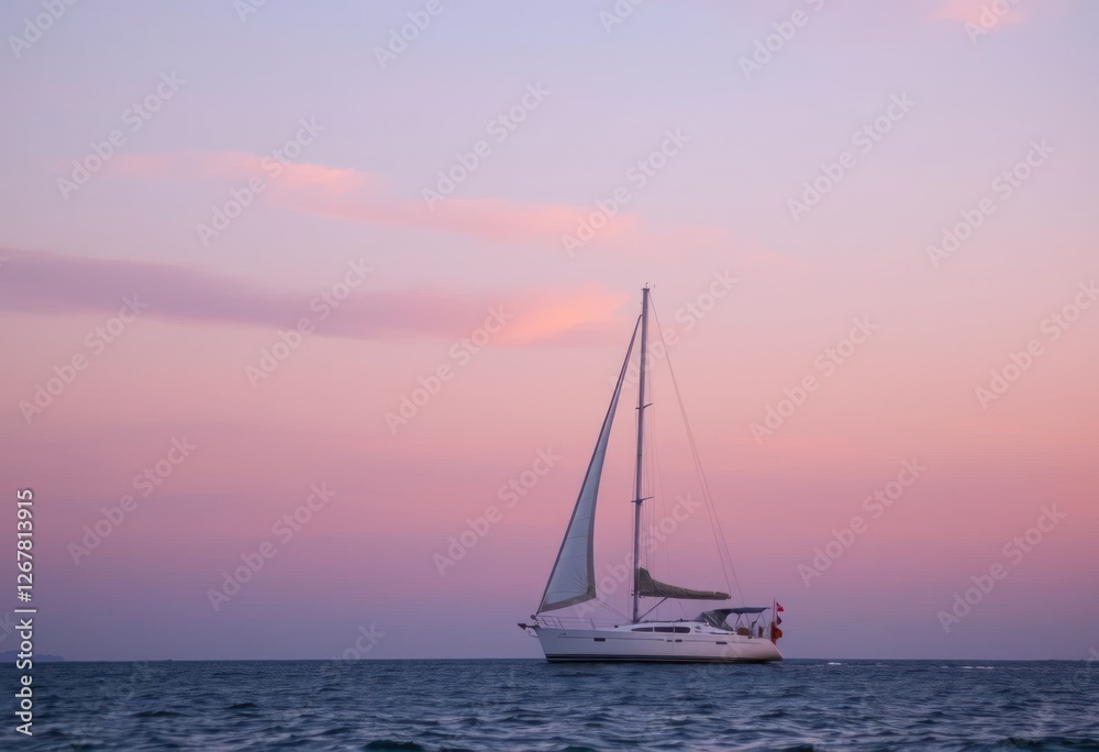 A lone sailboat glides across the tranquil sea at sunset A lone sailboat glides across the tranquil sea at sunset