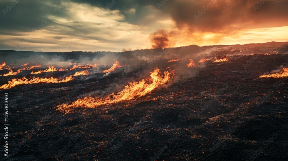 Fototapeta premium A breathtaking landscape engulfed in vibrant flames. Reflecting the raw power of nature. Witness the beauty of destruction. Generative AI.