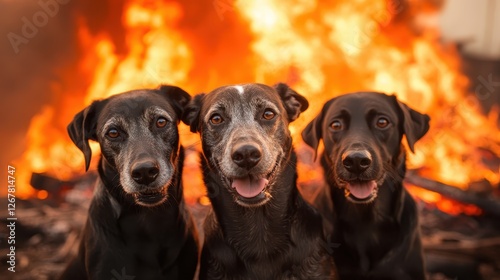 This striking image showcases three happy dogs posing together against a fiery background, combining warmth and intensity, reflecting loyalty and companionship in a unique way. photo