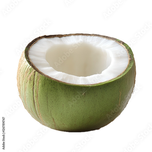 half cut fresh green coconut on transparent background