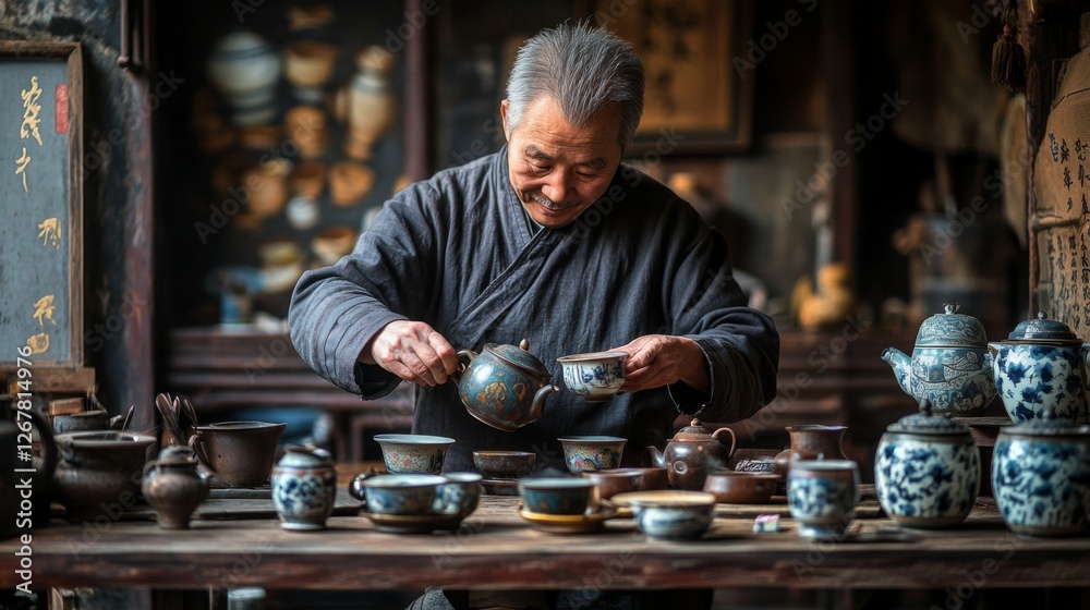 An elderly artisan skillfully prepares tea in a traditional setting. The rich colors and intricate pottery highlight the beauty of this timeless craft. Generative AI An elderly artisan skillfully prepares tea in a traditional setting. The rich colors and intricate pottery highlight the beauty of this timeless craft. Generative AI