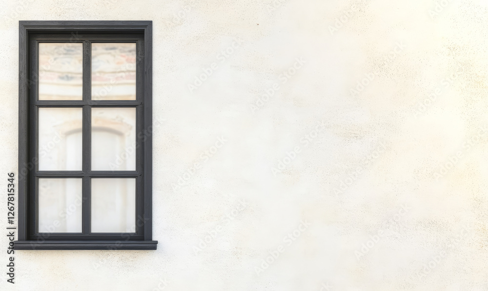 Fototapeta premium Black framed window with six panes on a light stucco wall creates simple architectural detail