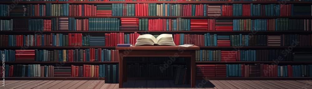 Fototapeta premium A cozy library with colorful books and an open book on a table.