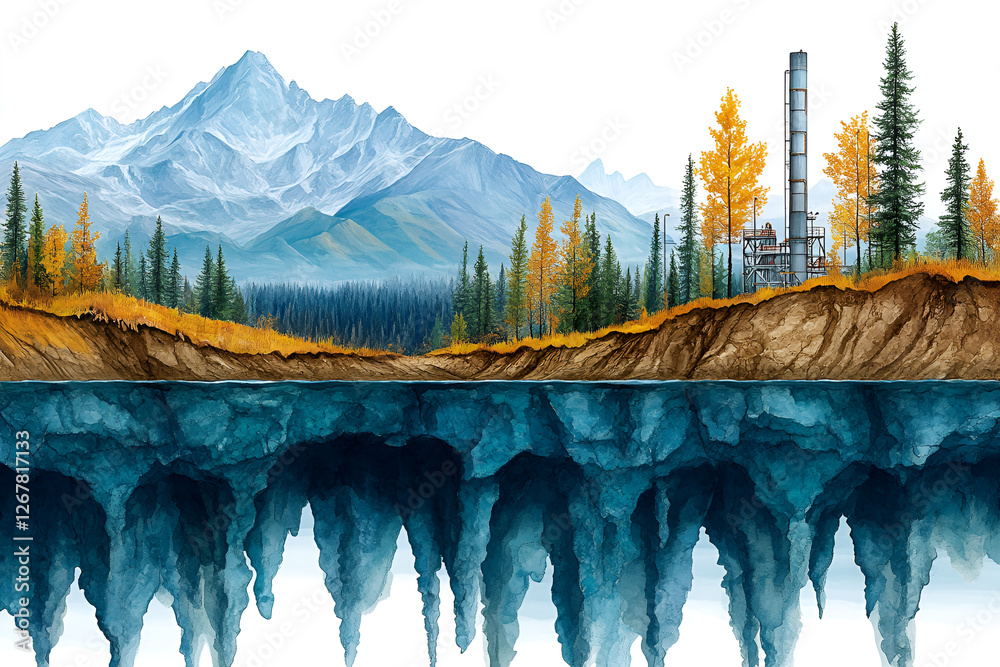 Fototapeta premium geothermal energy plant surrounded by mountains and forests, showcasing underground heat sources and natural beauty