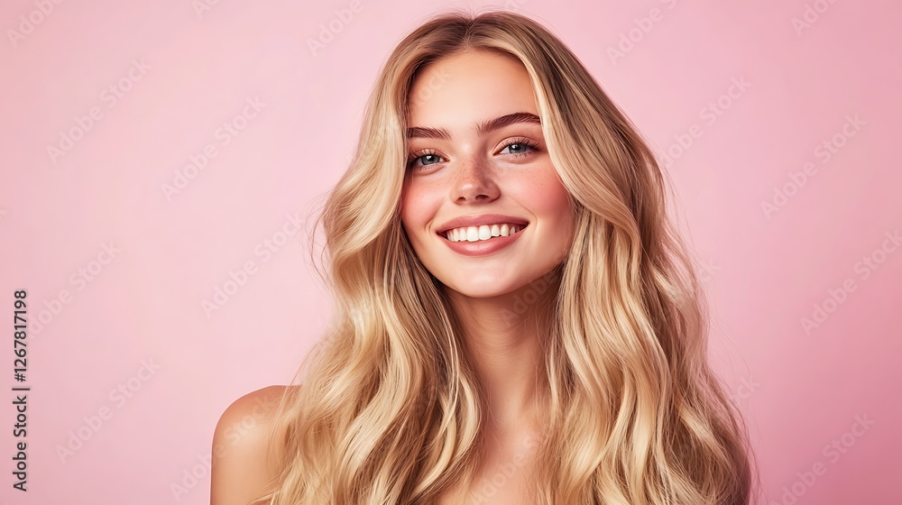Fototapeta premium Happy blonde woman with long wavy hair smiling against a pink background.