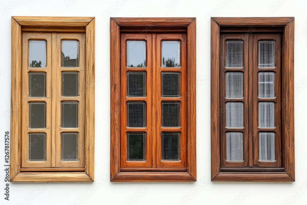 Wooden Window Collection: Three Styles - A trio of wooden windows showcases diverse design and craftsmanship, symbolizing heritage, elegance, artistry, home, and warmth Wooden Window Collection: Three Styles - A trio of wooden windows showcases diverse design and craftsmanship, symbolizing heritage, elegance, artistry, home, and warmth