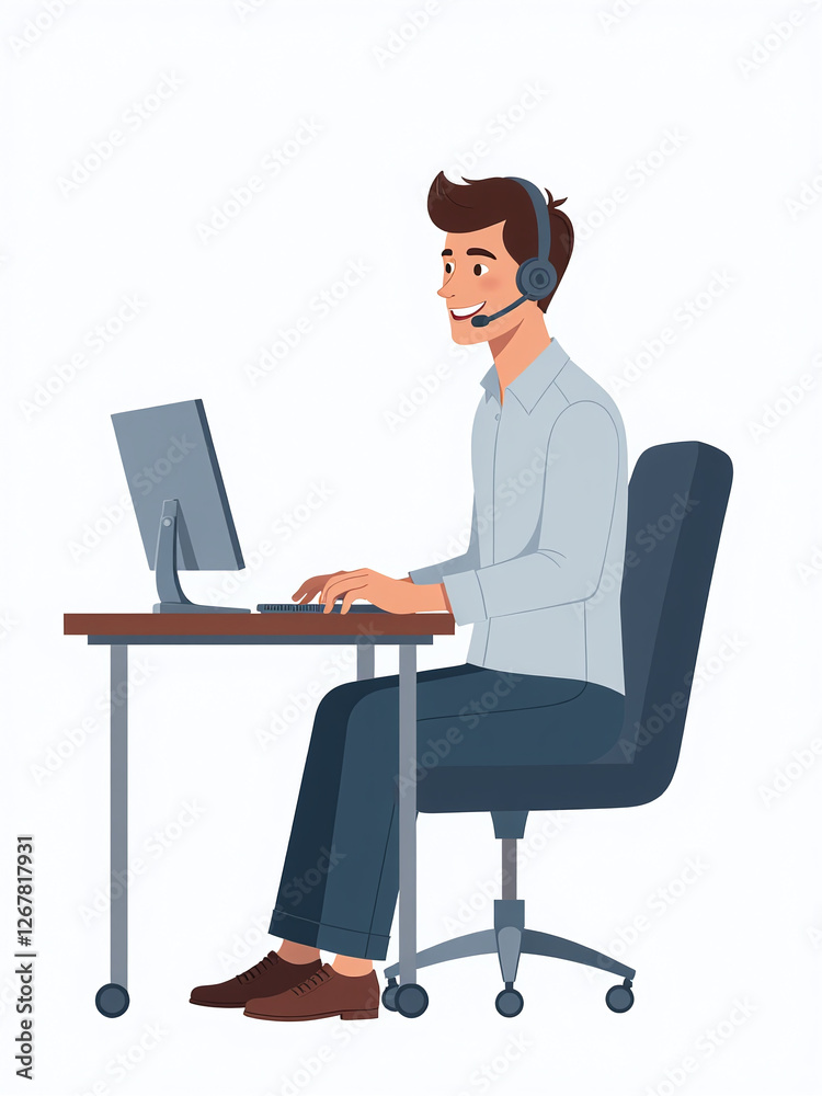 A Smiling Male Call Center Worker Sits Alone With His Headset, Isolated On A White Background In A Simple Setting. 00001 A Smiling Male Call Center Worker Sits Alone With His Headset, Isolated On A White Background In A Simple Setting. 00001