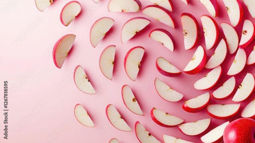 Apple Slices: A delightful arrangement of crisp apple slices on a soft pink surface, creating a visually appealing and refreshing scene. Apple Slices: A delightful arrangement of crisp apple slices on a soft pink surface, creating a visually appealing and refreshing scene.