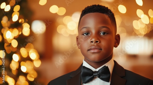 An intense-looking young boy in a suit and bow tie stands confidently, set against a backdrop of soft glowing lights, creating a captivating and stylish portrait. photo