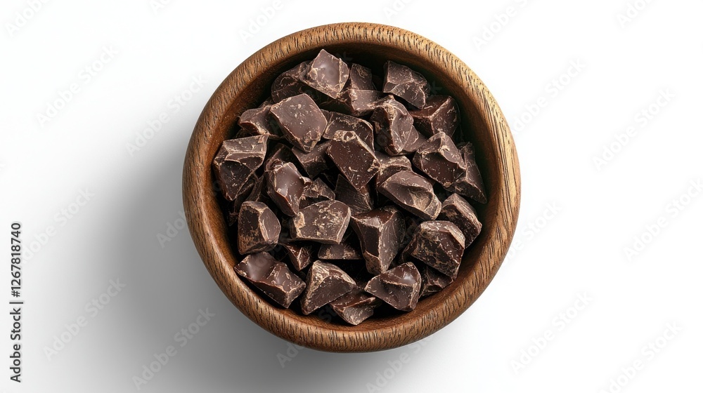 Wooden bowl brimming with rich, dark chocolate chunks, a tempting treat for dessert lovers on a crisp white background. A tempting confectionery.