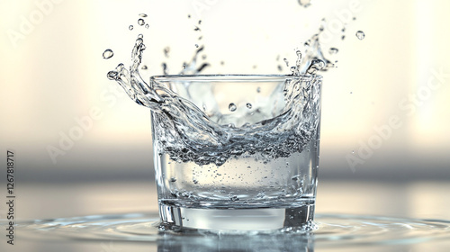 Dynamic splash in a glass, water ripples frozen in time, clarity and motion captured in a refreshing moment. Purity in a single image. photo