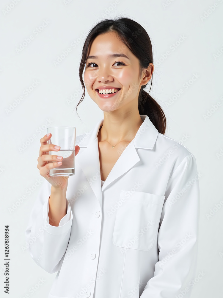 A Smiling Woman In A White Lab Coat Holds A Glass Of Water Against A Plain White Backdrop. 00002 A Smiling Woman In A White Lab Coat Holds A Glass Of Water Against A Plain White Backdrop. 00002