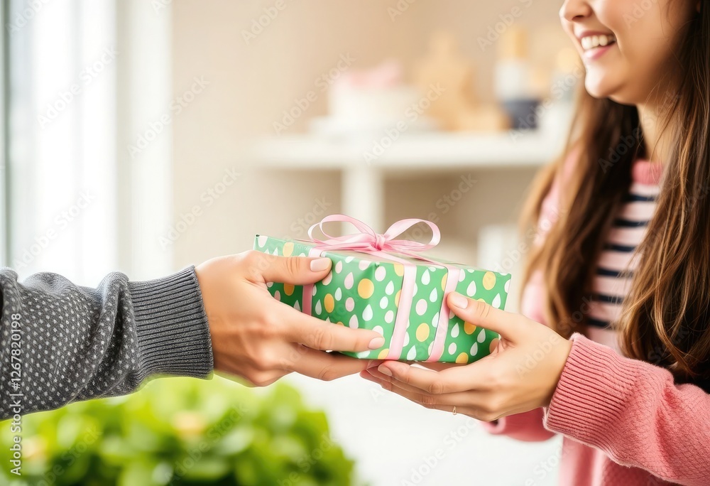 A moment where two individuals exchange a beautifully wrapped gift with a smile, symbolizing generosity A moment where two individuals exchange a beautifully wrapped gift with a smile, symbolizing generosity