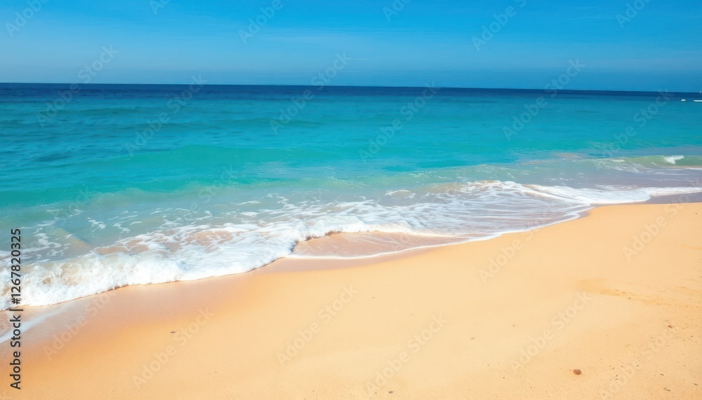 Tropical beach paradise with blue ocean waves crashing on the sandy coast under the summer sun Tropical beach paradise with blue ocean waves crashing on the sandy coast under the summer sun