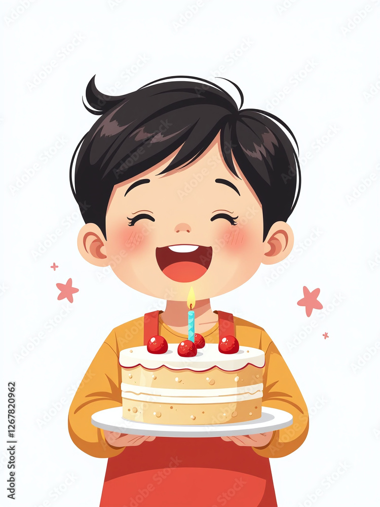 A Young Asian Child With A Big Smile Is Holding A Birthday Cake In Front Of A Plain White Background. 00002 A Young Asian Child With A Big Smile Is Holding A Birthday Cake In Front Of A Plain White Background. 00002
