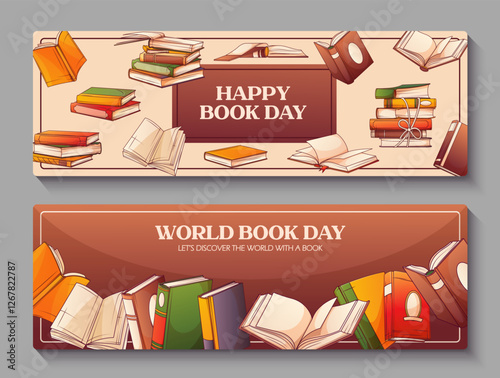 Vector horizontal banners with illustrations of books. Stack of books, open book. Background for banner, card, flyer, discount. Concept of book lover, bookstore, library. World Book Day.