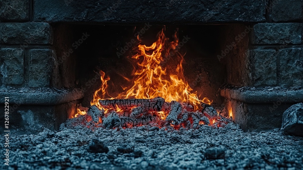 A glowing fire in a stone fireplace, surrounded by embers and ash. A glowing fire in a stone fireplace, surrounded by embers and ash.