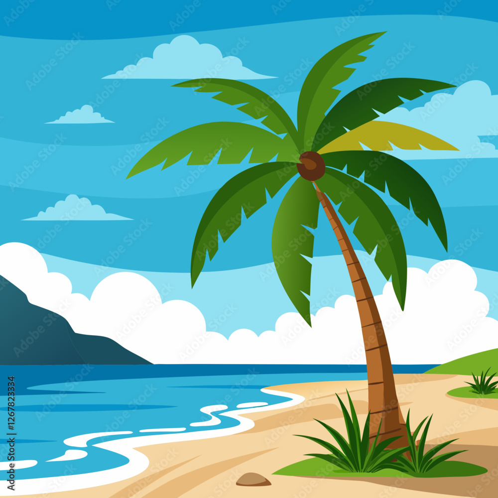 Fototapeta premium Stunning Tropical Beach Landscape with Palm Tree Vector Art
