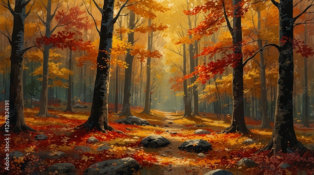 Fototapeta premium Golden autumn leaves drift to the forest floor, creating a soft, colorful carpet in a tranquil woodland