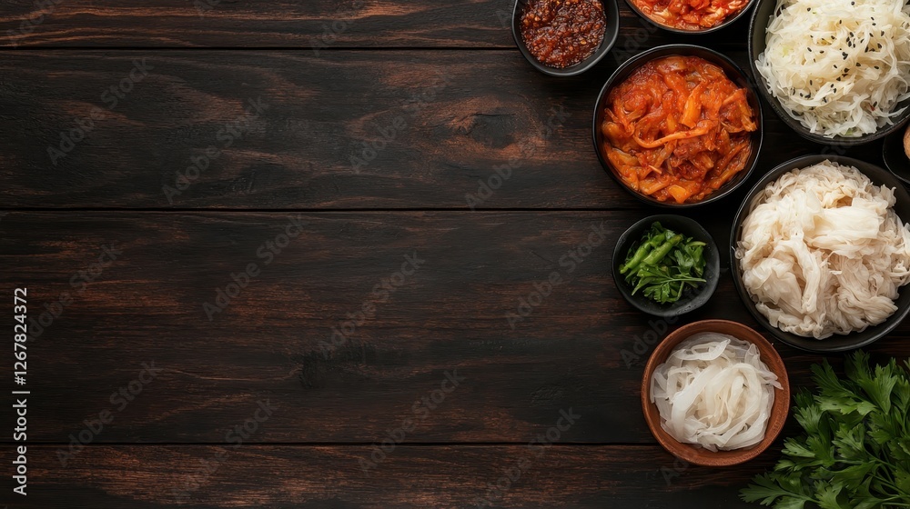 An inviting overhead view of various colorful ingredients arranged in bowls atop a rustic wooden table, highlighting culinary diversity and vibrant dish preparation. An inviting overhead view of various colorful ingredients arranged in bowls atop a rustic wooden table, highlighting culinary diversity and vibrant dish preparation.
