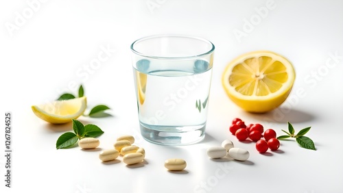 Vitamins dietary supplements, drinking water on a white background. Useful microelements for health vitamins and supplements photo