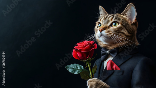 A stylish and charismatic cat with smooth fur, dressed in a smart suit with a pocket collar, gently holding a red rose in his paw. The cat's expressive eyes and confident.  Perfect for a greeting card