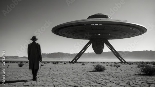 Retro 1950s UFO Crash in Desert with Dust Clouds and Mysterious Alien Spaceship Wreckage