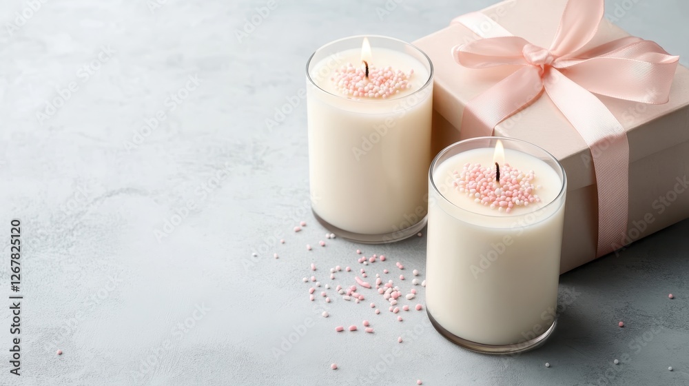 A set of elegant candles next to a beautifully wrapped gift box showcases thoughtful gifting and celebration, signifying warmth, joy, and connection during special occasions. A set of elegant candles next to a beautifully wrapped gift box showcases thoughtful gifting and celebration, signifying warmth, joy, and connection during special occasions.