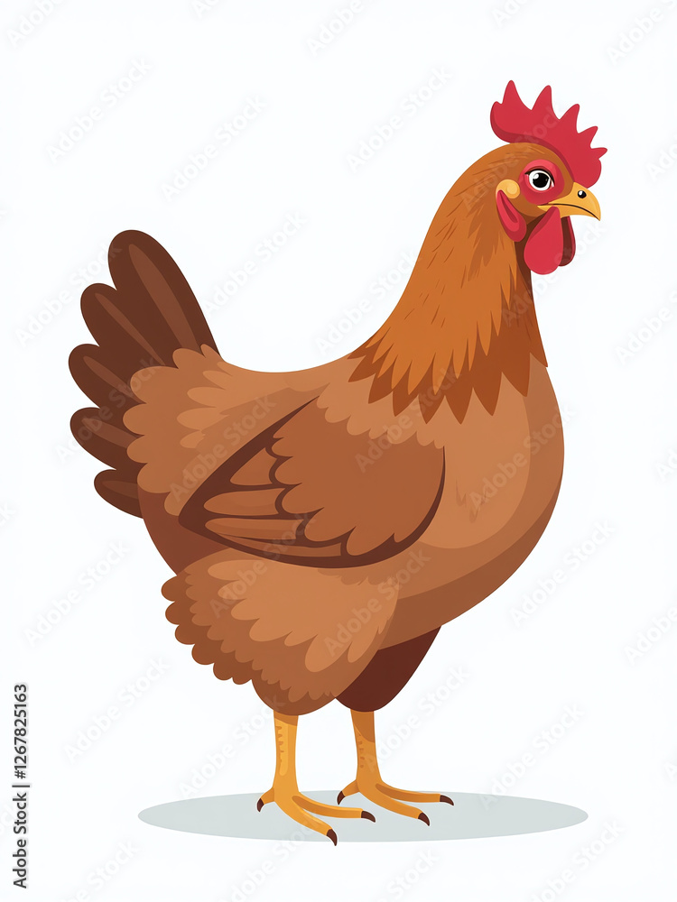 Fototapeta premium Brown Farm Chickens Stand Alone As Birds Isolated Against A Plain White Background In Simple Illustration Style. 00002