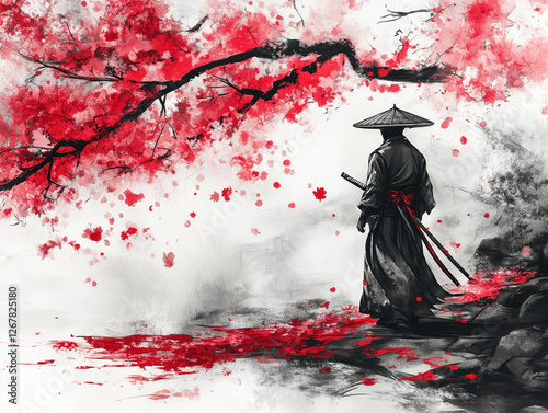 Drawing, brave samurai, with a sword in motion, in black and red tones,traditional Japanese landscape. On the old, vintage background. Generative Ai