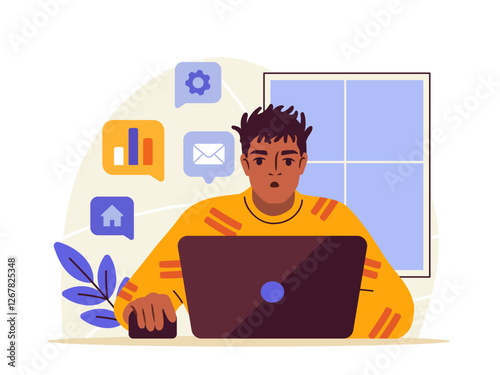 Man using a laptop with communication icons around him, sitting near a window. Modern flat style on a light background. Concept of remote work, online communication. Vector illustration