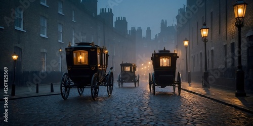 On a foggy evening in 1888, London, England, the city's famous gas lanterns cast a warm golden glow on the cobbled streets.