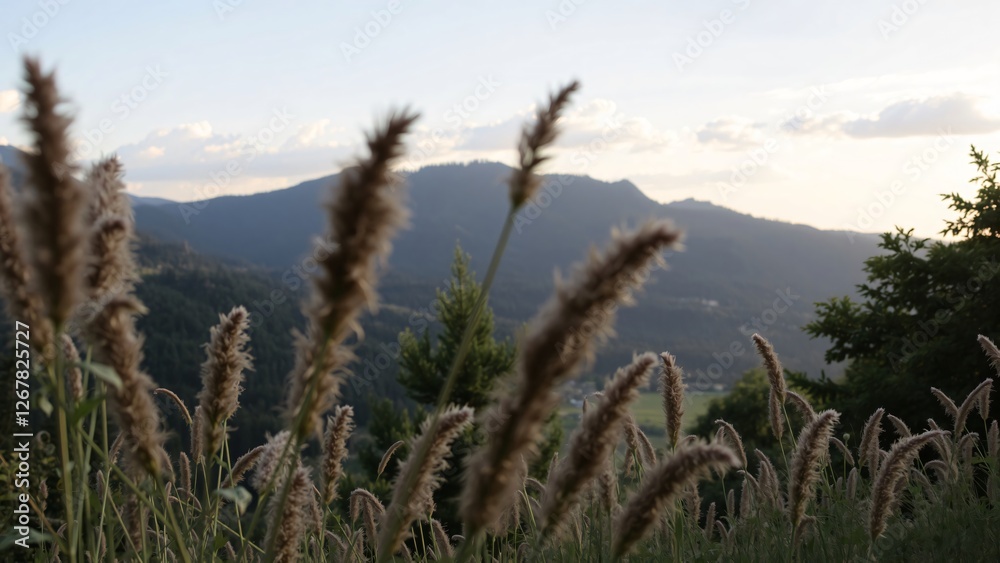 Serene Mountain Vista with Wild Grasses at Sunset Serene Mountain Vista with Wild Grasses at Sunset